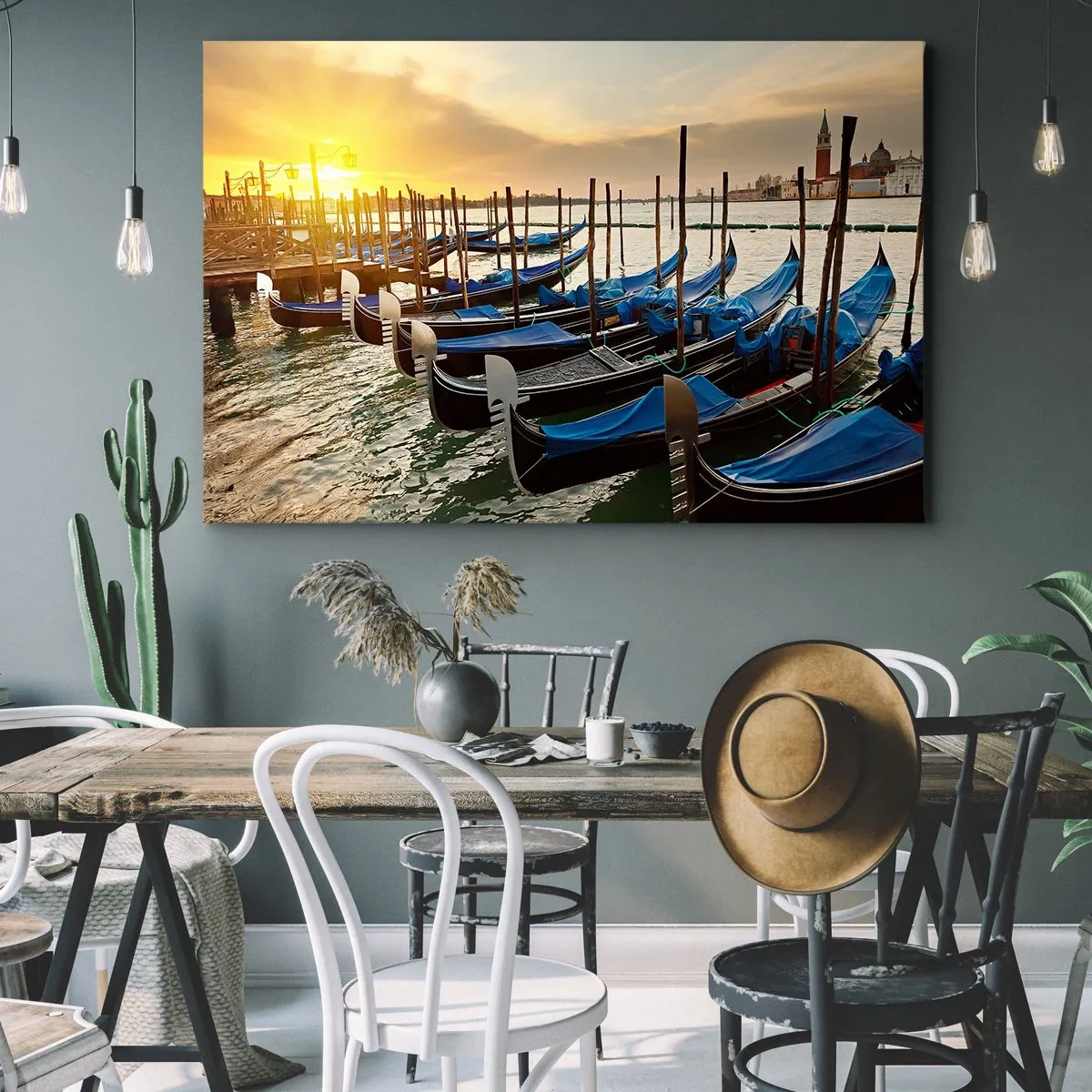 Obraz na plátně - Gondoly v Benátkách ráno ve světle vycházejícího slunce - 70x50cm - Než nastane zmatek - Moderní nástěnná dekorace do obývacího pokoje a ložnice ARTTOR