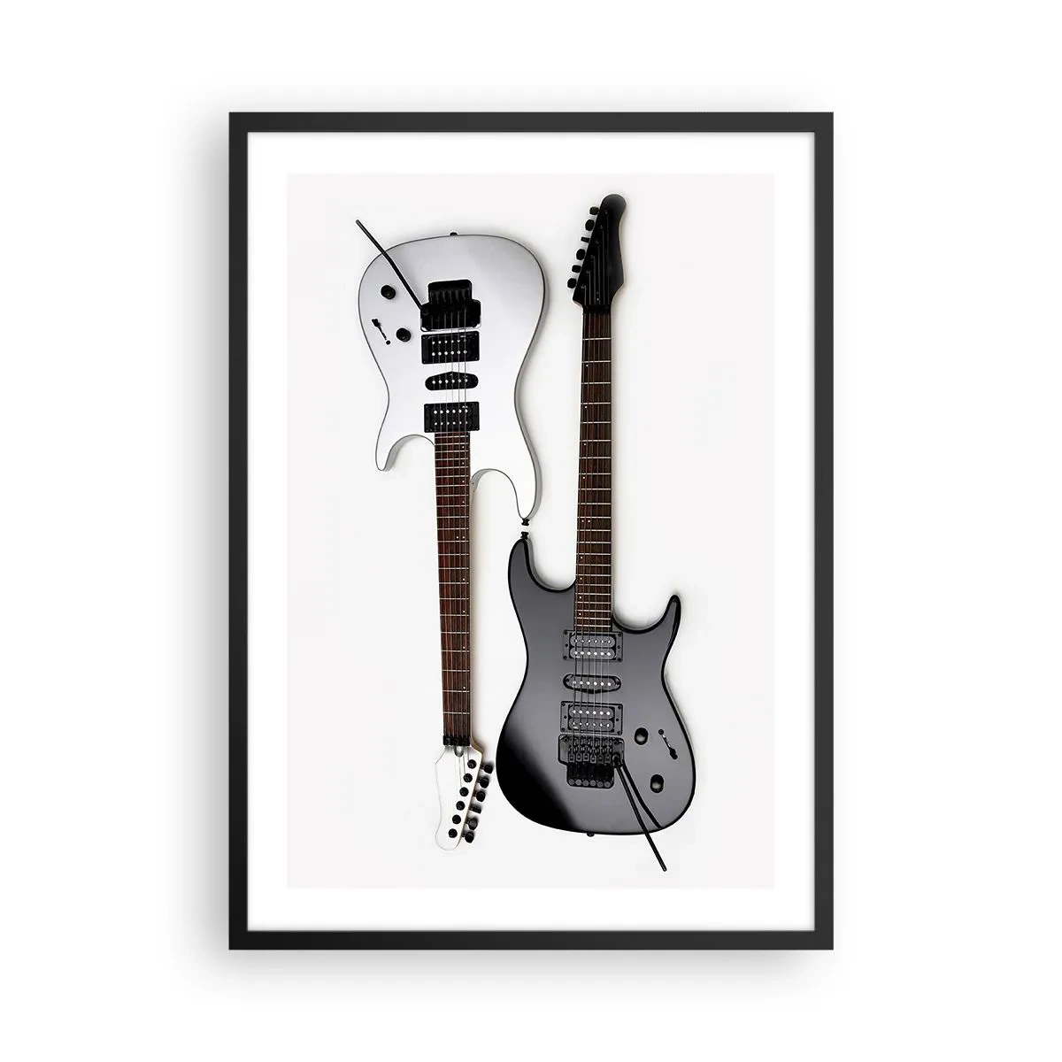 Plakát v černém rámu - Moderní elektrické kytary na bílém pozadí - 50x70cm - Harmonie tvarů - Moderní nástěnná dekorace do obývacího pokoje a ložnice ARTTOR