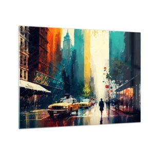 Obraz na skle - Barevné taxíky a mrakodrapy na mokré městské ulici - 70x50cm - New York – tady je i déšť barevný - Moderní nástěnná dekorace do obývacího pokoje a ložnice ARTTOR