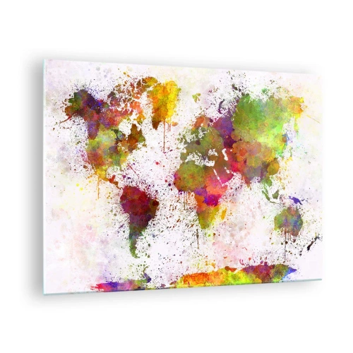 Obraz na skle - Mapa světa v uměleckém stylu s barevnými cákanci barvy - 70x50cm - Přišlo to nějak samo - Moderní nástěnná dekorace do obývacího pokoje a ložnice ARTTOR