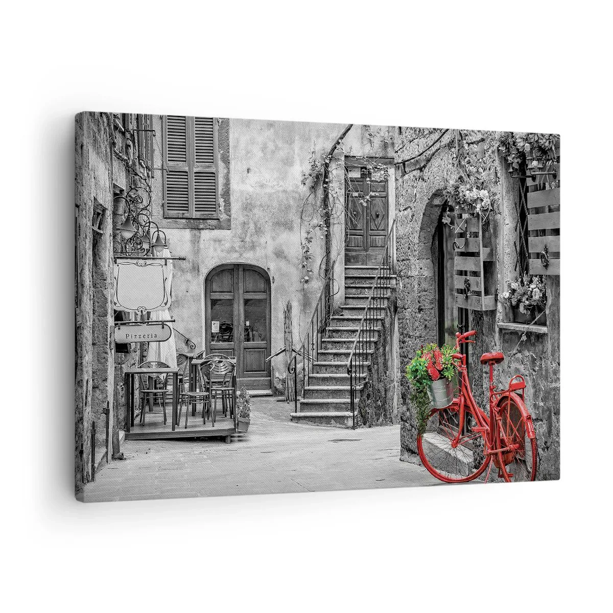 Obraz na plátně - Červené kolo v černobílé ulici - 70x50cm - Toskánská ulička - Moderní nástěnná dekorace do obývacího pokoje a ložnice ARTTOR