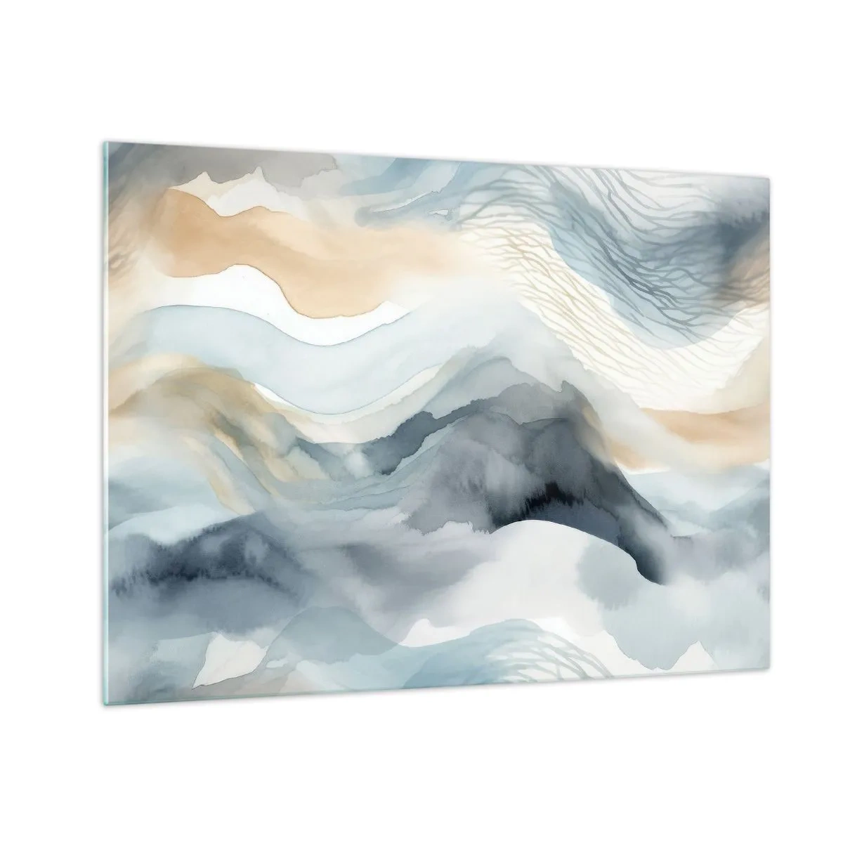 Obraz na skle - Abstraktní vlny v odstínech béžové a modré - 70x50cm - Abstrakce sněhu a mlhy - Moderní nástěnná dekorace do obývacího pokoje a ložnice ARTTOR