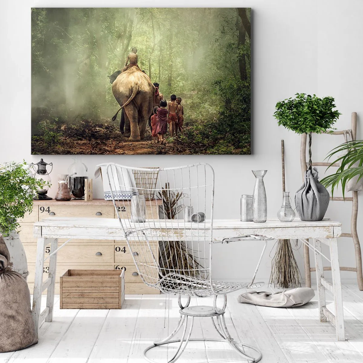 Obraz na plátně - Děti se slonem v zeleném lese v ranním světle - 70x50cm - Nová Kniha džunglí - Moderní nástěnná dekorace do obývacího pokoje a ložnice ARTTOR