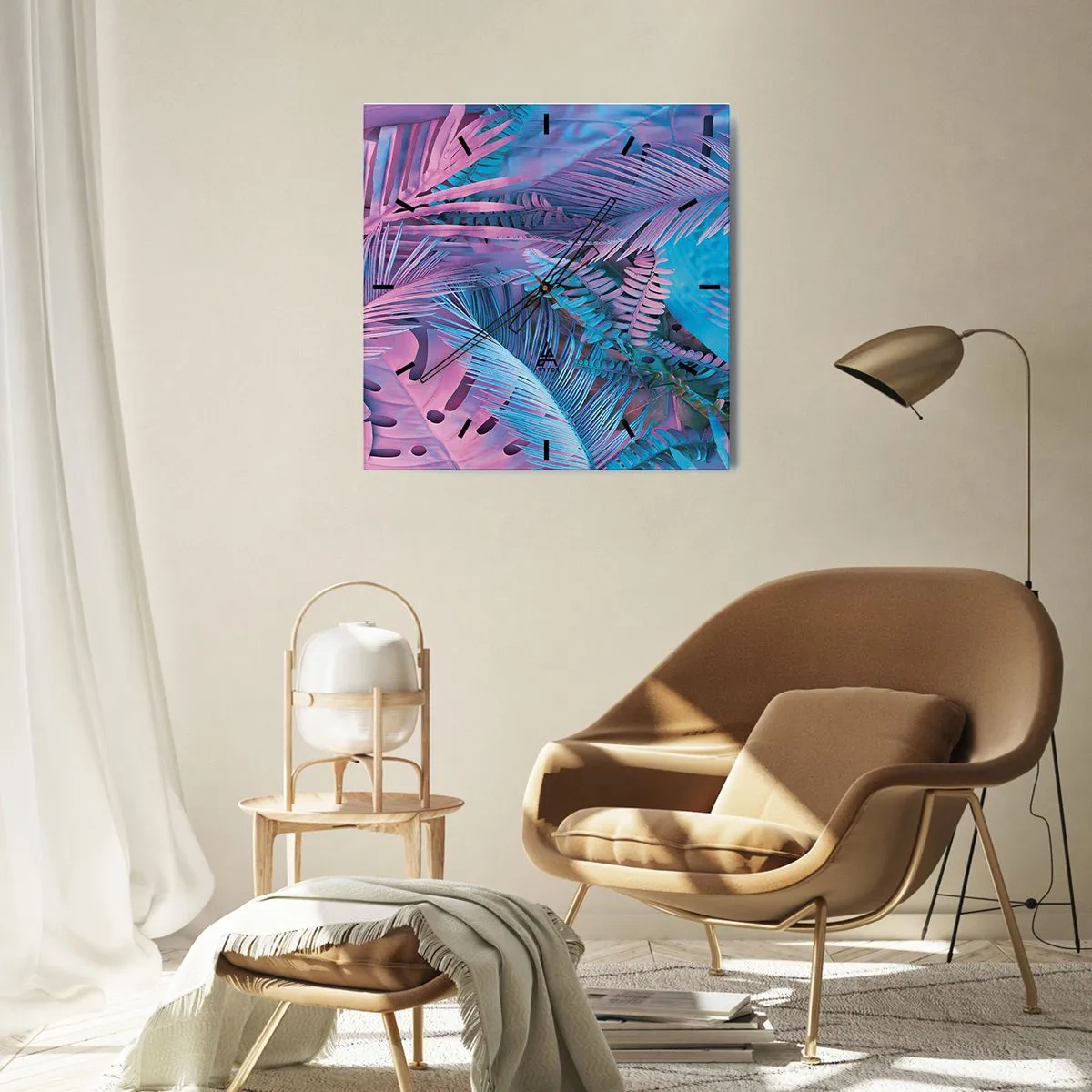 Nástěnné hodiny - Tropy v růžové a modré - 30x30 cm