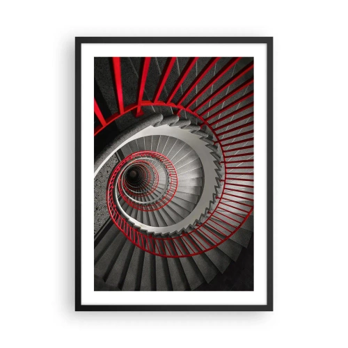 Plakát v černém rámu - Točité schodiště v černé a bílé barvě s červeným zábradlím - 50x70cm - Architektonické hry - Moderní nástěnná dekorace do obývacího pokoje a ložnice ARTTOR