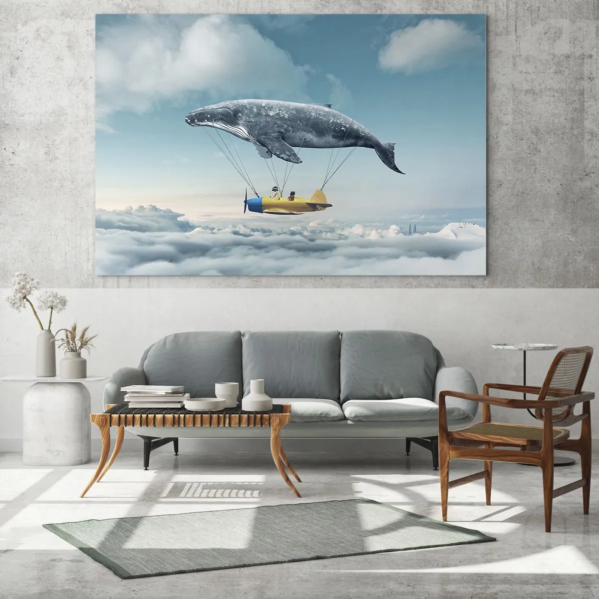 Obraz na skle - Velryba zvedá letadlo nad mraky v surrealistickém prostředí. - 70x50cm - Proč ne? - Moderní nástěnná dekorace do obývacího pokoje a ložnice ARTTOR