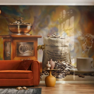 Fototapeta Samolepicí Deluxe Sticker - Chrastění zrn, hrčení mlýnku - Gastronomie, Káva, Mlýnek na kávu - 500x350 cm