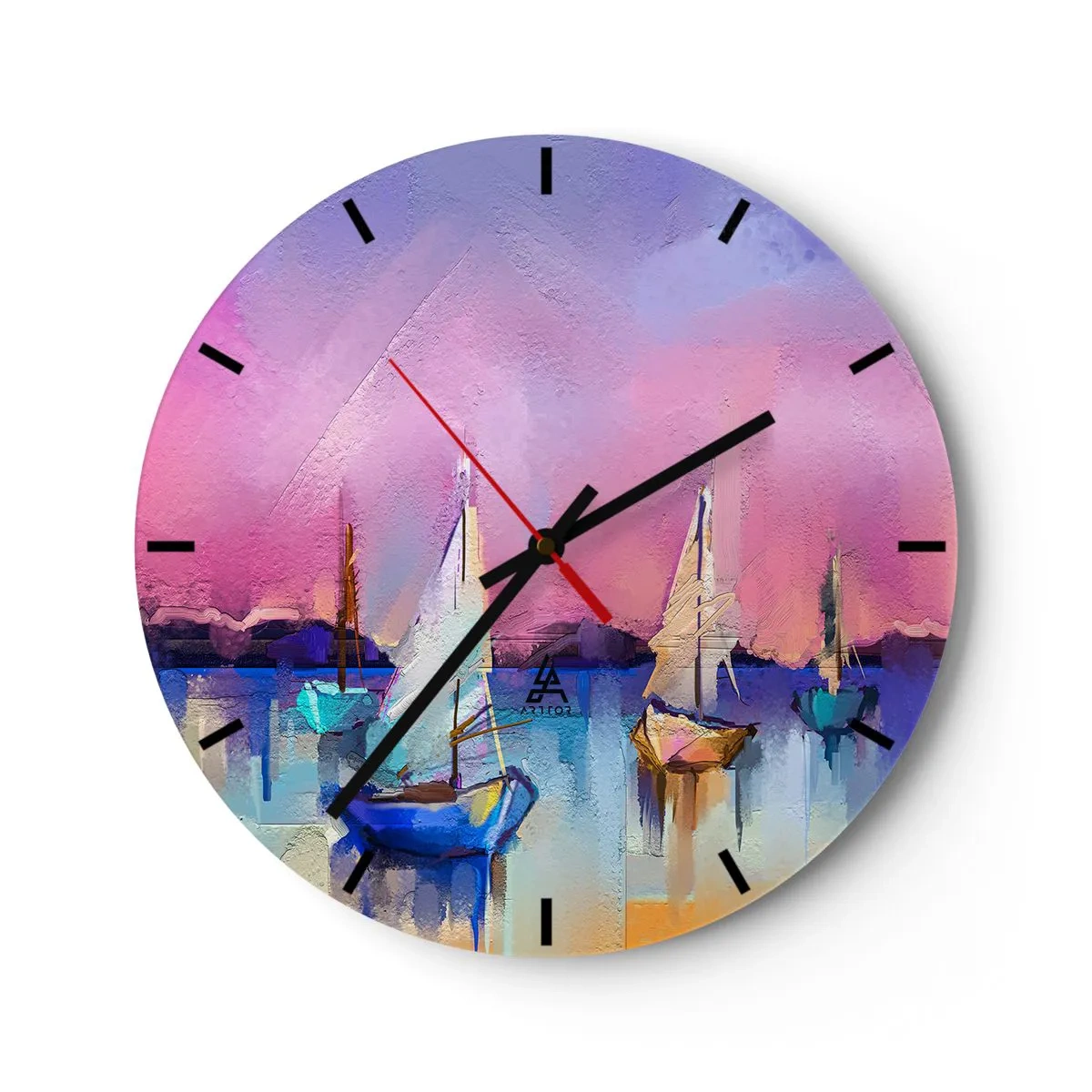 Nástěnné hodiny - Abstraktní přístav s plachetnicemi v pastelových barvách - 30x30cm - Směr: široké vody - Moderní nástěnná dekorace do obývacího pokoje, kuchyně a ložnice ARTTOR