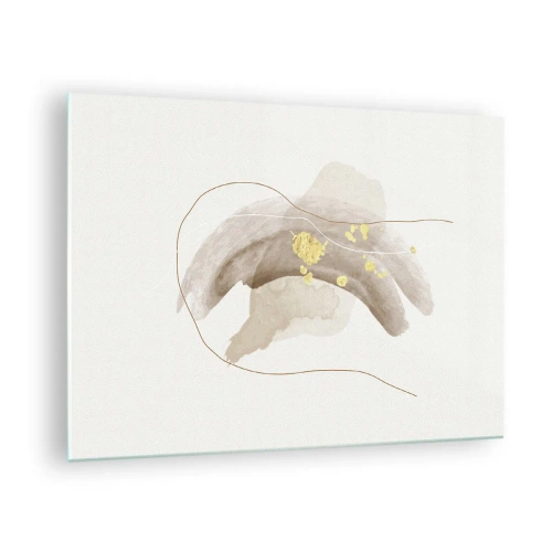 Obraz na skle - Béžová a zlatá abstrakce s jemnými liniemi a tvary - 70x50cm - Vesmírná bytost - Moderní nástěnná dekorace do obývacího pokoje a ložnice ARTTOR