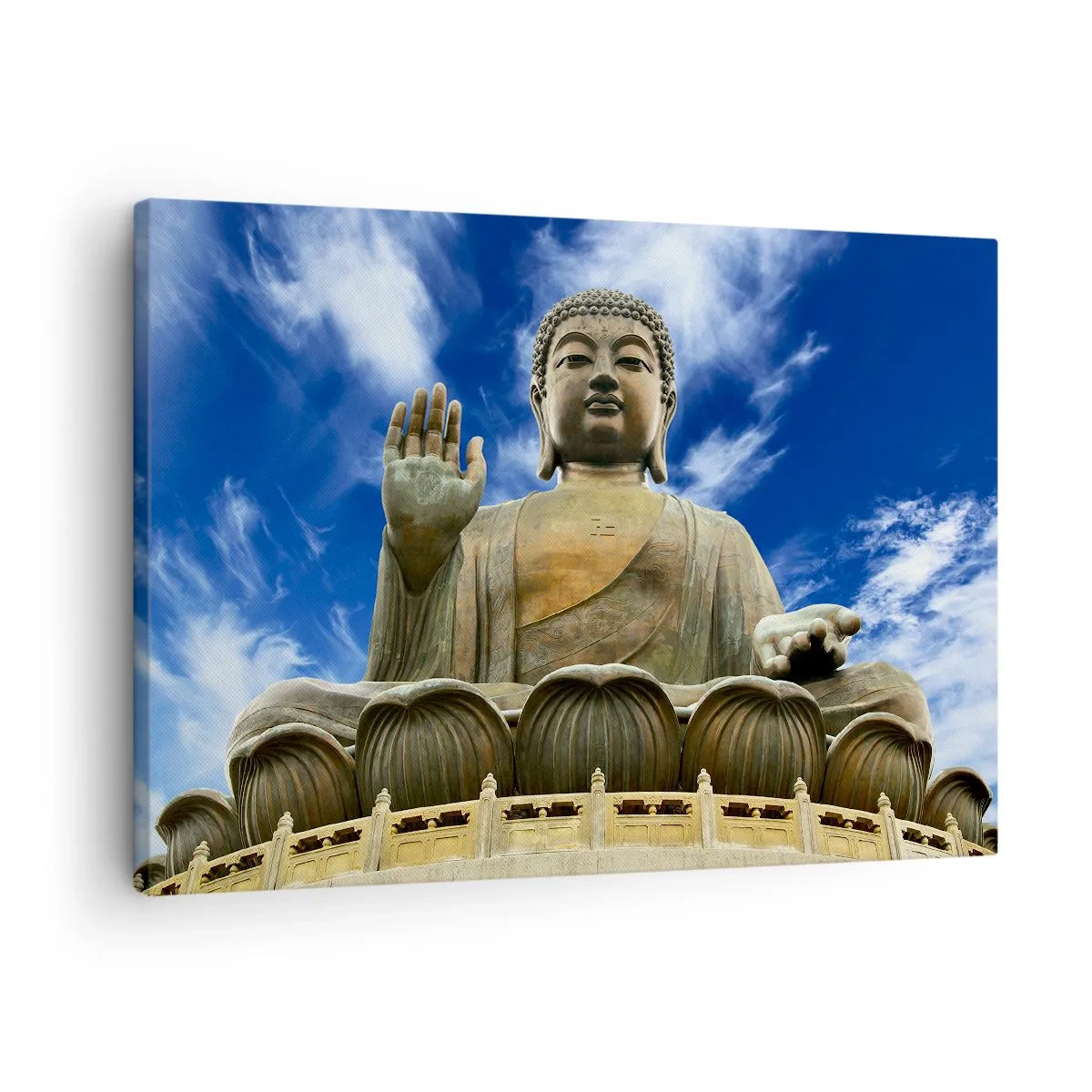 Obraz na plátně - Monumentální socha Buddhy proti modré obloze s mraky - 70x50cm - Žij beze strachu - Moderní nástěnná dekorace do obývacího pokoje a ložnice ARTTOR