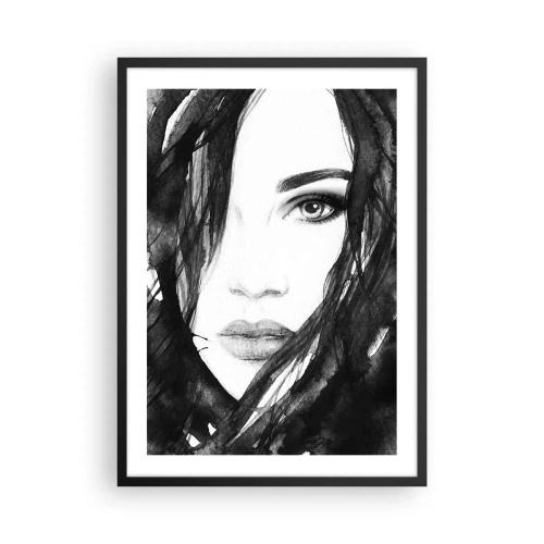 Plakát v černém rámu - Černobílý akvarel ženské tváře - 50x70cm - Portrét dámy v černé a bílé - Moderní nástěnná dekorace do obývacího pokoje a ložnice ARTTOR