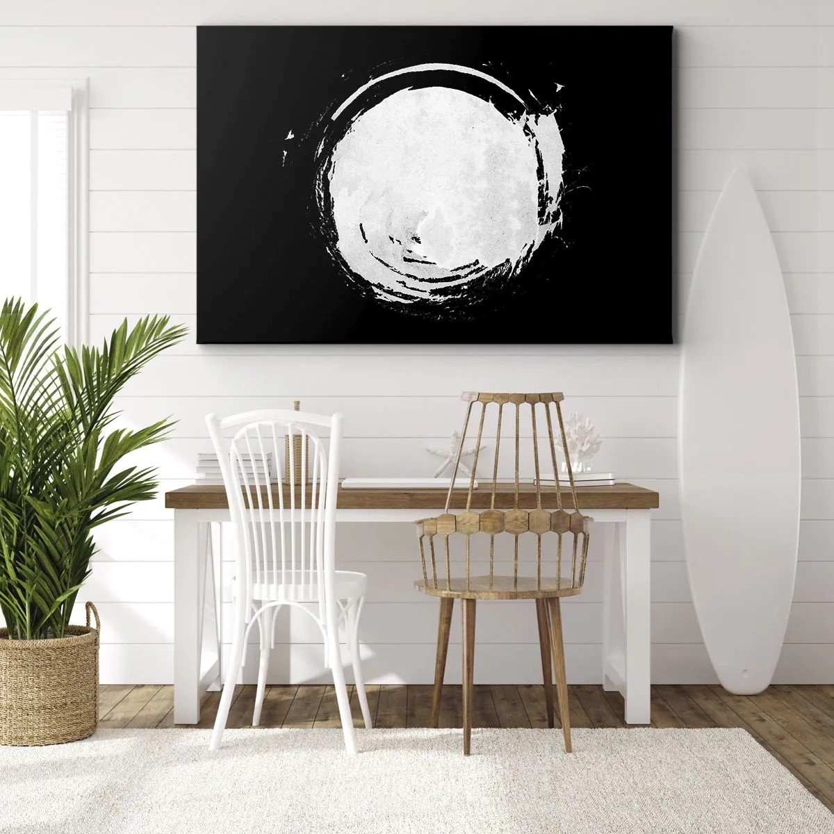Obraz na plátně - Bílý kruh na černém pozadí v minimalistickém stylu. - 70x50cm - Správné řešení - Moderní nástěnná dekorace do obývacího pokoje a ložnice ARTTOR