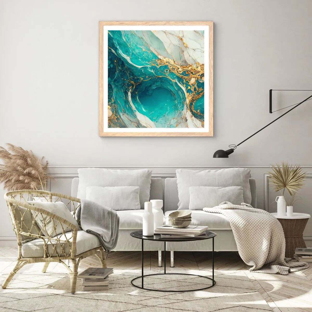 Plakát v rámu světlý dub - Kompozice se zlatými žilami - 60x60 cm