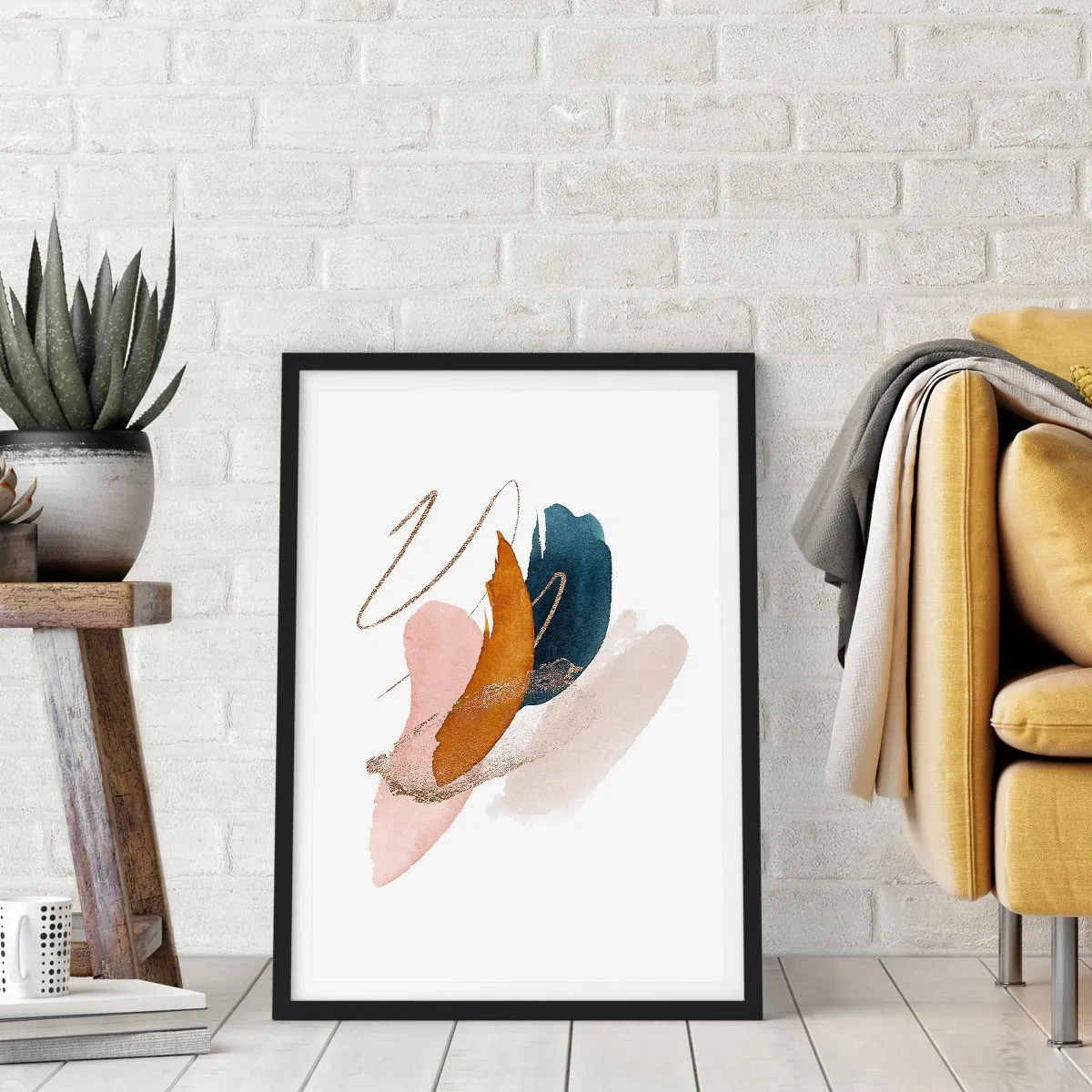 Plakát v černém rámu - Jemná abstrakce v pastelových odstínech - 50x70cm - Okřídlená kompozice - Moderní nástěnná dekorace do obývacího pokoje a ložnice ARTTOR