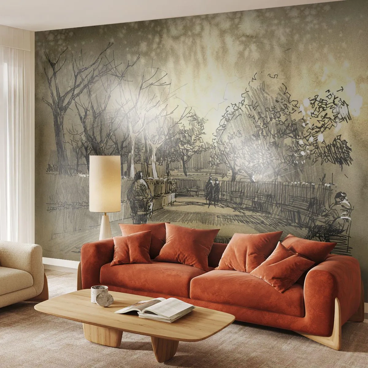 Fototapeta Samolepicí Deluxe Sticker - Pírkem zastavený okamžik - Park Alley, Park, Sépie - 250x175 cm