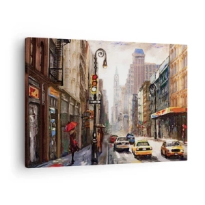 Obraz na plátně - Město s ulicí a žlutými taxíky - 70x50cm - New York – barevný i v dešti - Moderní nástěnná dekorace do obývacího pokoje a ložnice ARTTOR