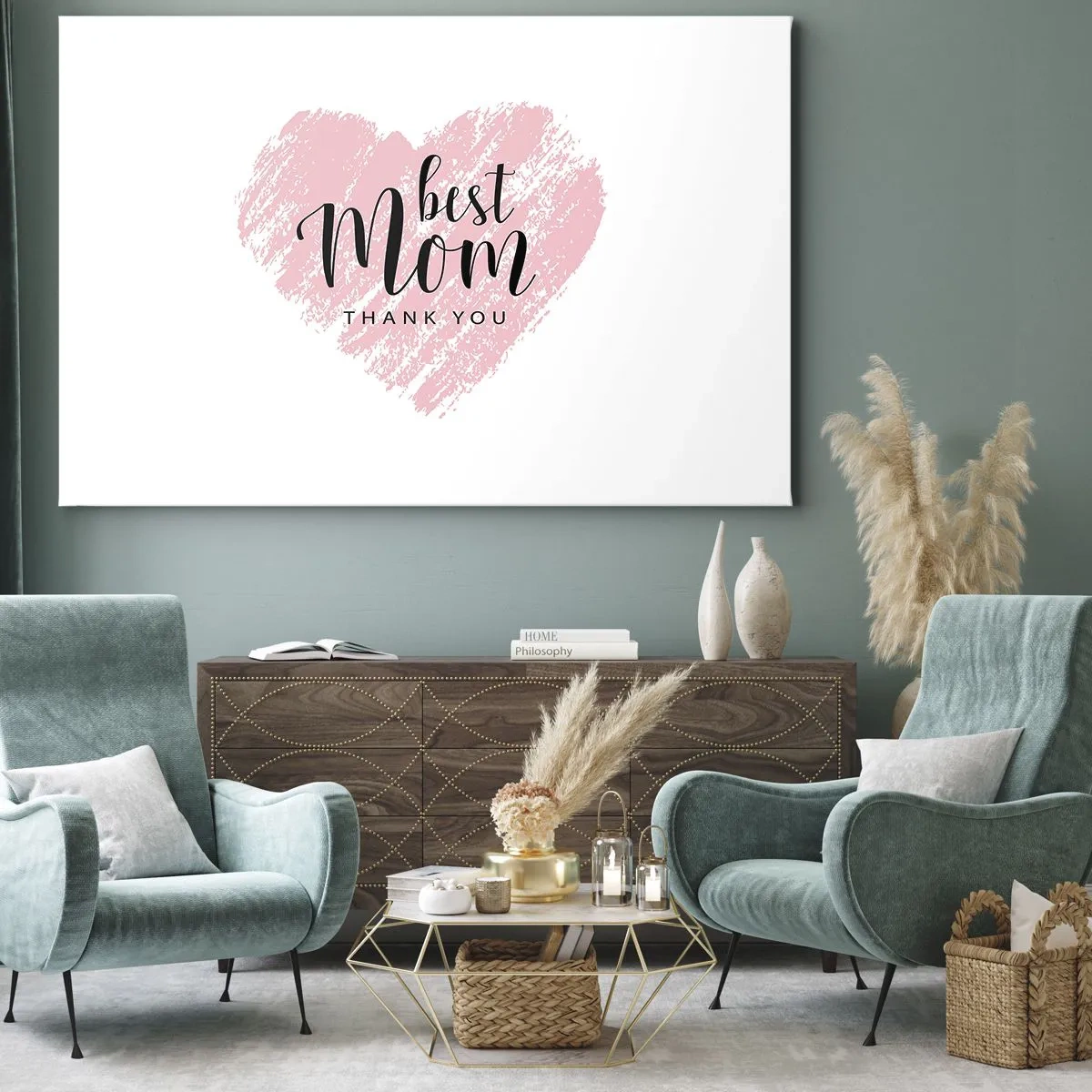 Obraz na plátně - Růžové srdce s nápisem "Nejlepší mami, děkuji" na bílém pozadí - 70x50cm - Vždy pravá chvíle - Moderní nástěnná dekorace do obývacího pokoje a ložnice ARTTOR
