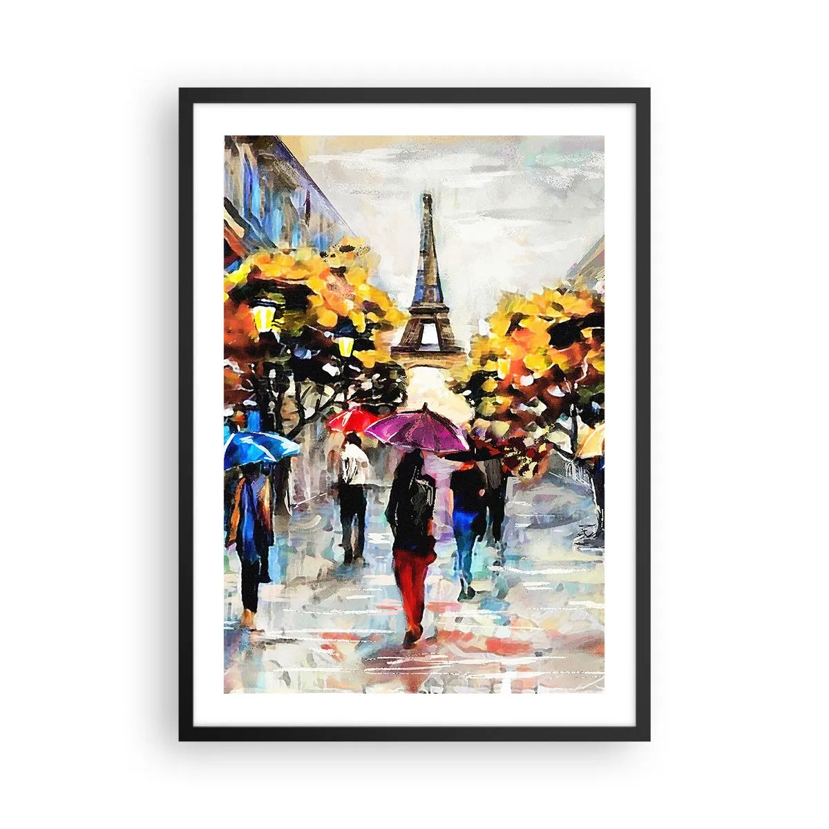 Plakát v černém rámu - Eiffelova věž v podzimní krajině s barevnými deštníky - 50x70cm - Na podzim zvlášť krásný - Moderní nástěnná dekorace do obývacího pokoje a ložnice ARTTOR