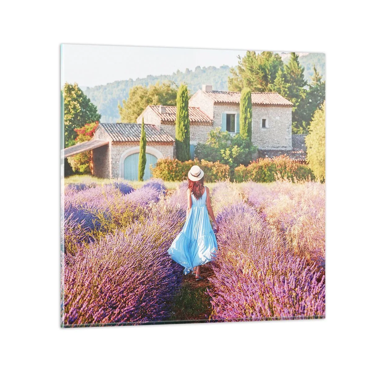 Obraz na skle - Levandulová dívka - 50x50 cm