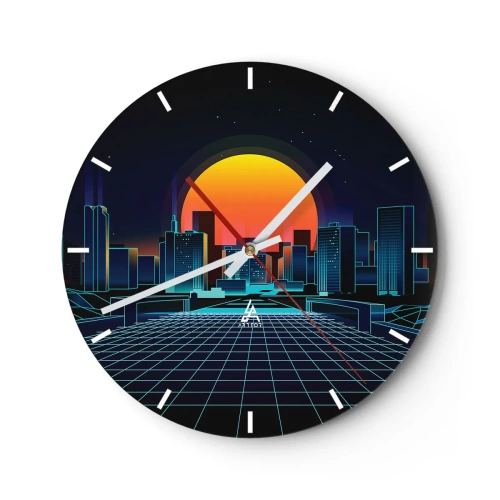 Nástěnné hodiny - Retro-futuristická městská krajina s neonovými světly a západem slunce - 30x30cm - Pořád chcete do reálu? - Moderní nástěnná dekorace do obývacího pokoje, kuchyně a ložnice ARTTOR