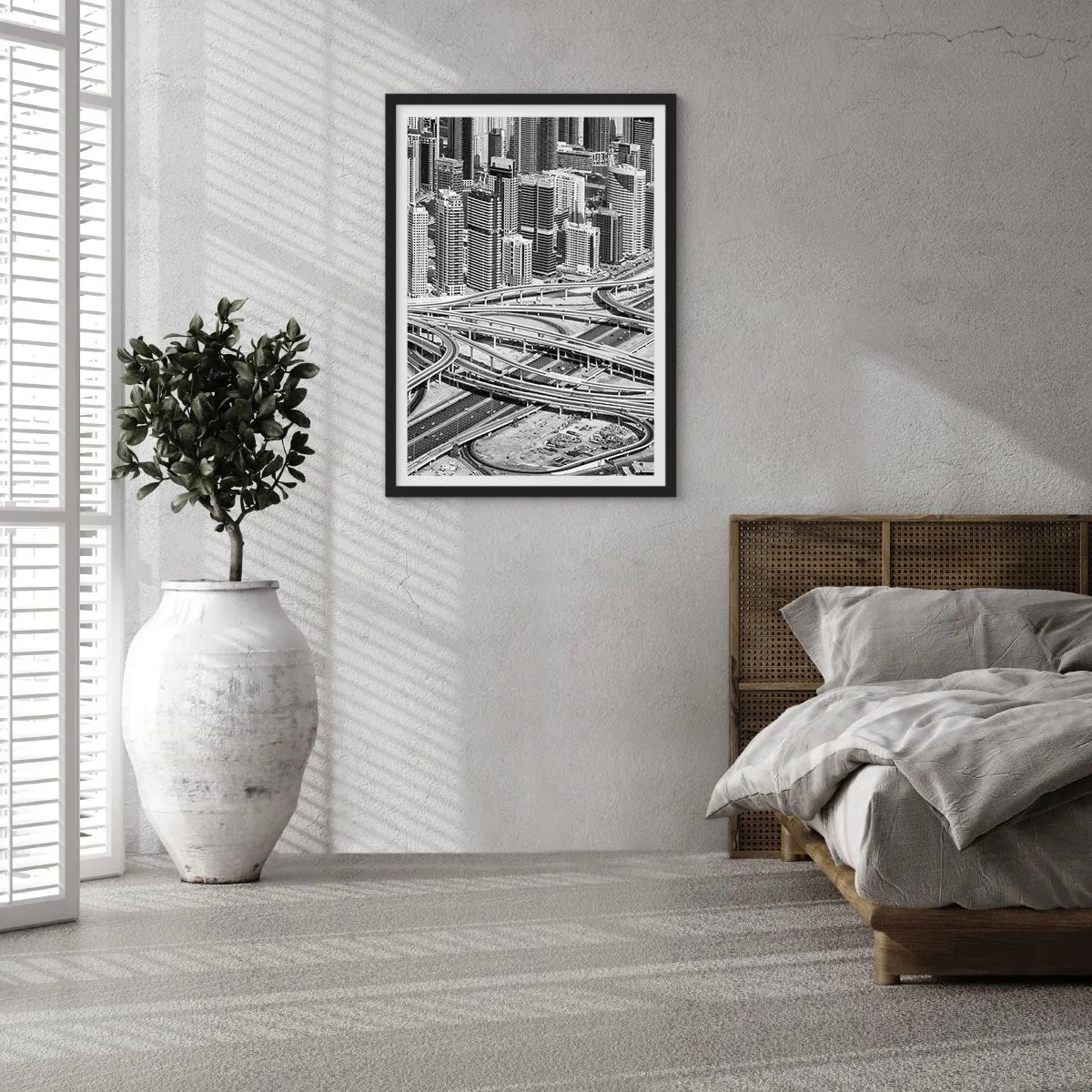 Plakát v černém rámu - Panorama města s silniční sítí v černobílém stylu - 50x70cm - Dubaj – nemožné město - Moderní nástěnná dekorace do obývacího pokoje a ložnice ARTTOR