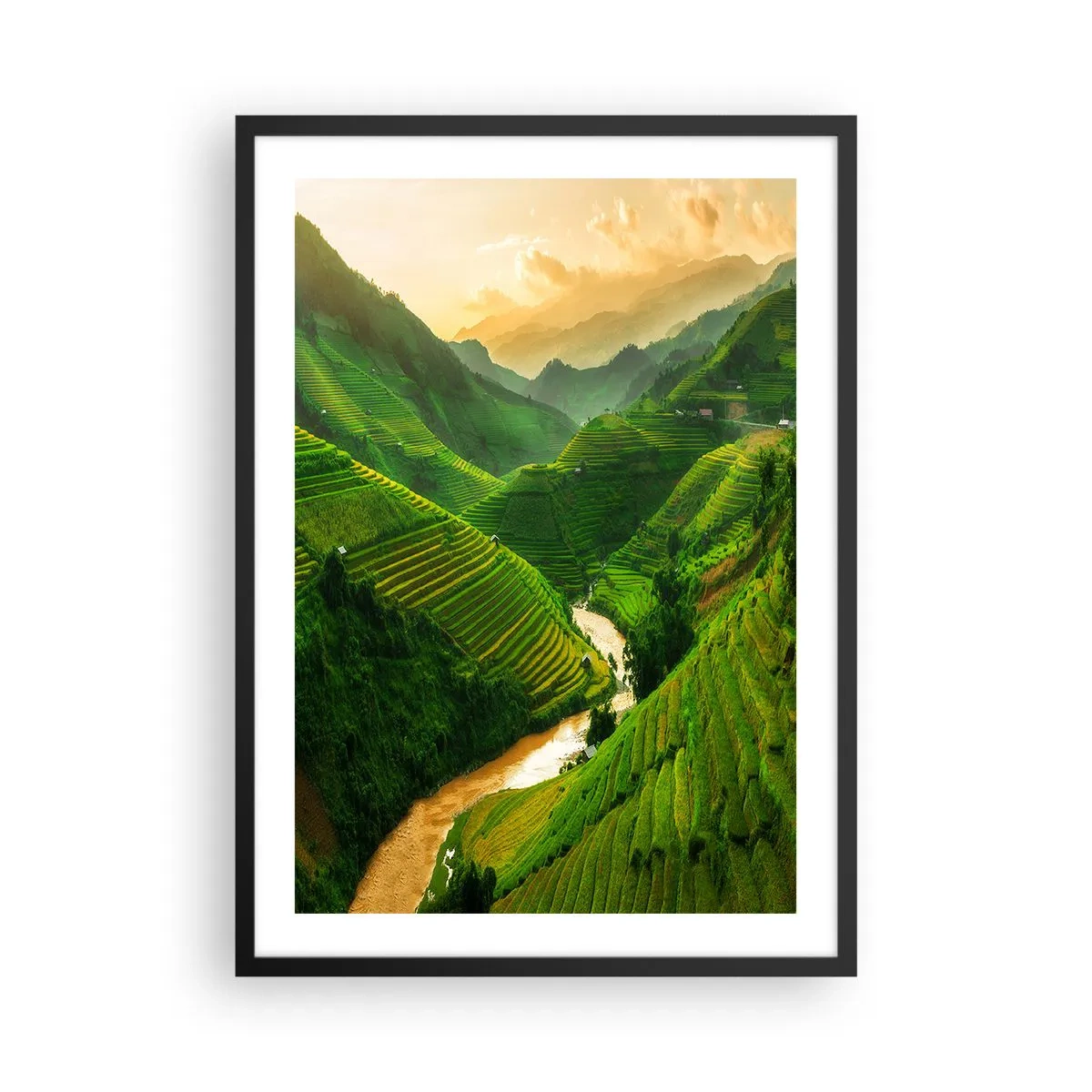 Plakát v černém rámu - Malebné rýžové terasy v zeleném údolí - 50x70cm - Vietnamské údolí - Moderní nástěnná dekorace do obývacího pokoje a ložnice ARTTOR