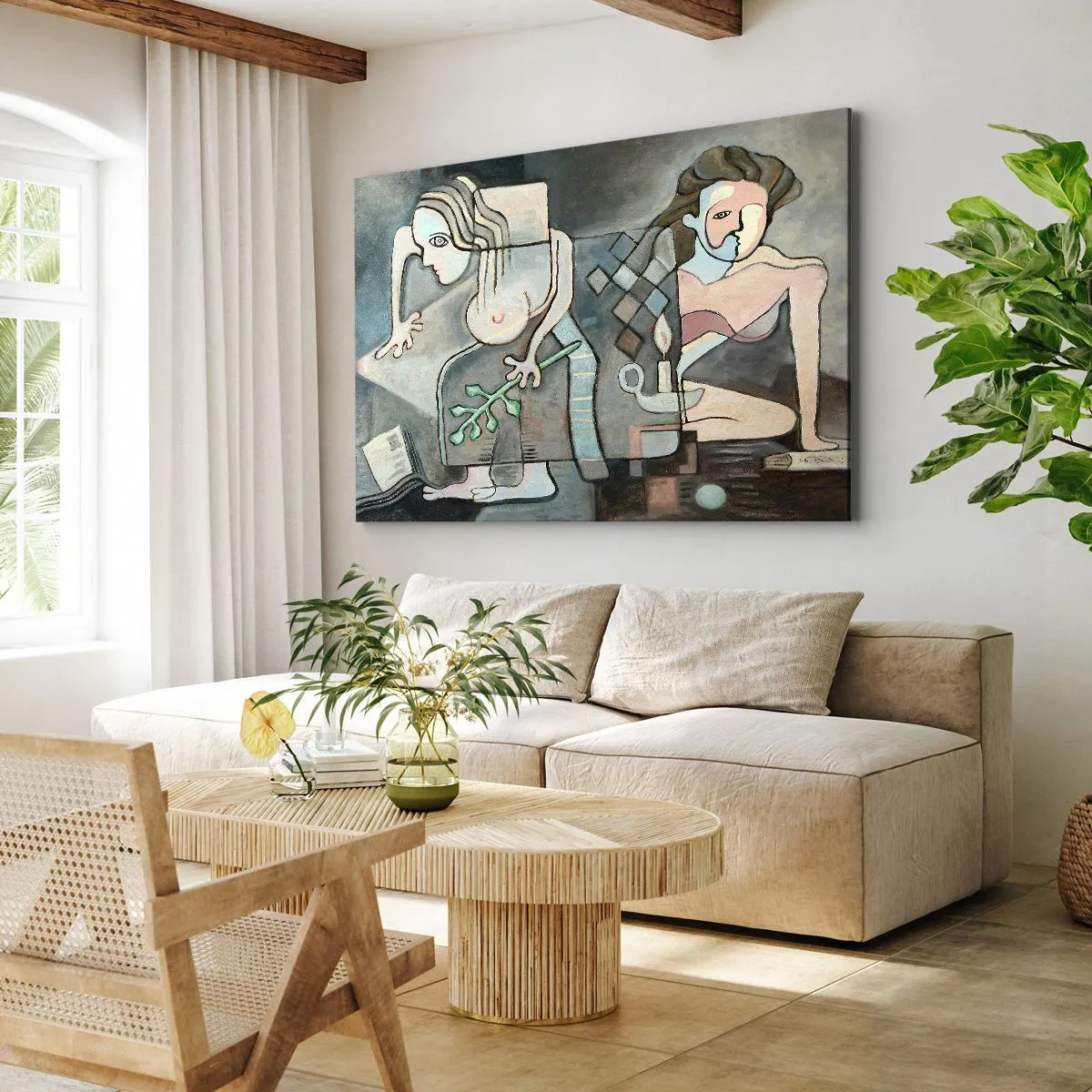 Obraz na plátně - Abstraktní postavy v symbolické kompozici s hlubokým významem - 70x50cm - Mozaika ducha a hmoty - Moderní nástěnná dekorace do obývacího pokoje a ložnice ARTTOR