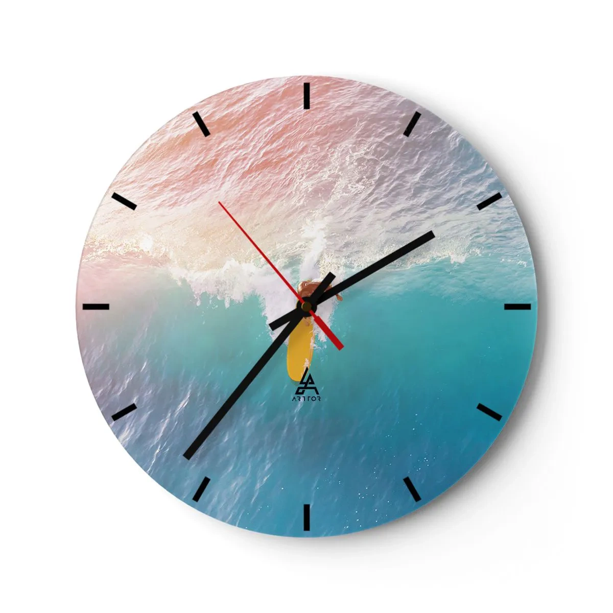 Nástěnné hodiny - Surfař na vlně v tyrkysovém oceánu - 30x30cm - Oceanický jezdec - Moderní nástěnná dekorace do obývacího pokoje, kuchyně a ložnice ARTTOR