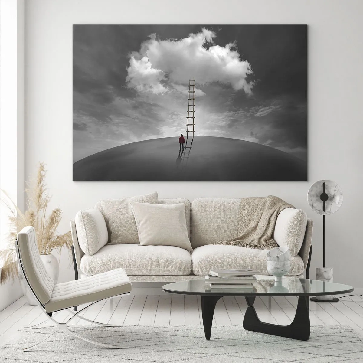 Obraz na skle - Člověk se dívá na žebřík vedoucí k oblaku. - 70x50cm - Všechno je možné - Moderní nástěnná dekorace do obývacího pokoje a ložnice ARTTOR