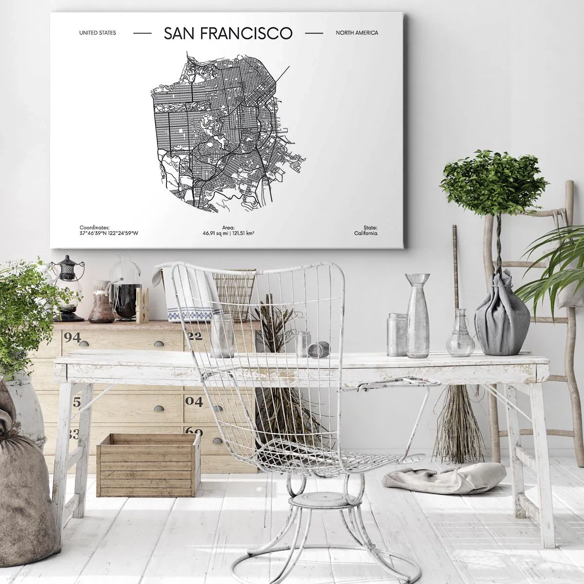 Obraz na plátně - Mapa San Francisca v minimalistickém černobílém stylu. - 70x50cm - Anatomie San Francisca - Moderní nástěnná dekorace do obývacího pokoje a ložnice ARTTOR