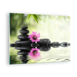 Obraz na skle - Černé kameny a růžový květ na pozadí přírody - 70x50cm - Čas pro duši - Moderní nástěnná dekorace do obývacího pokoje a ložnice ARTTOR