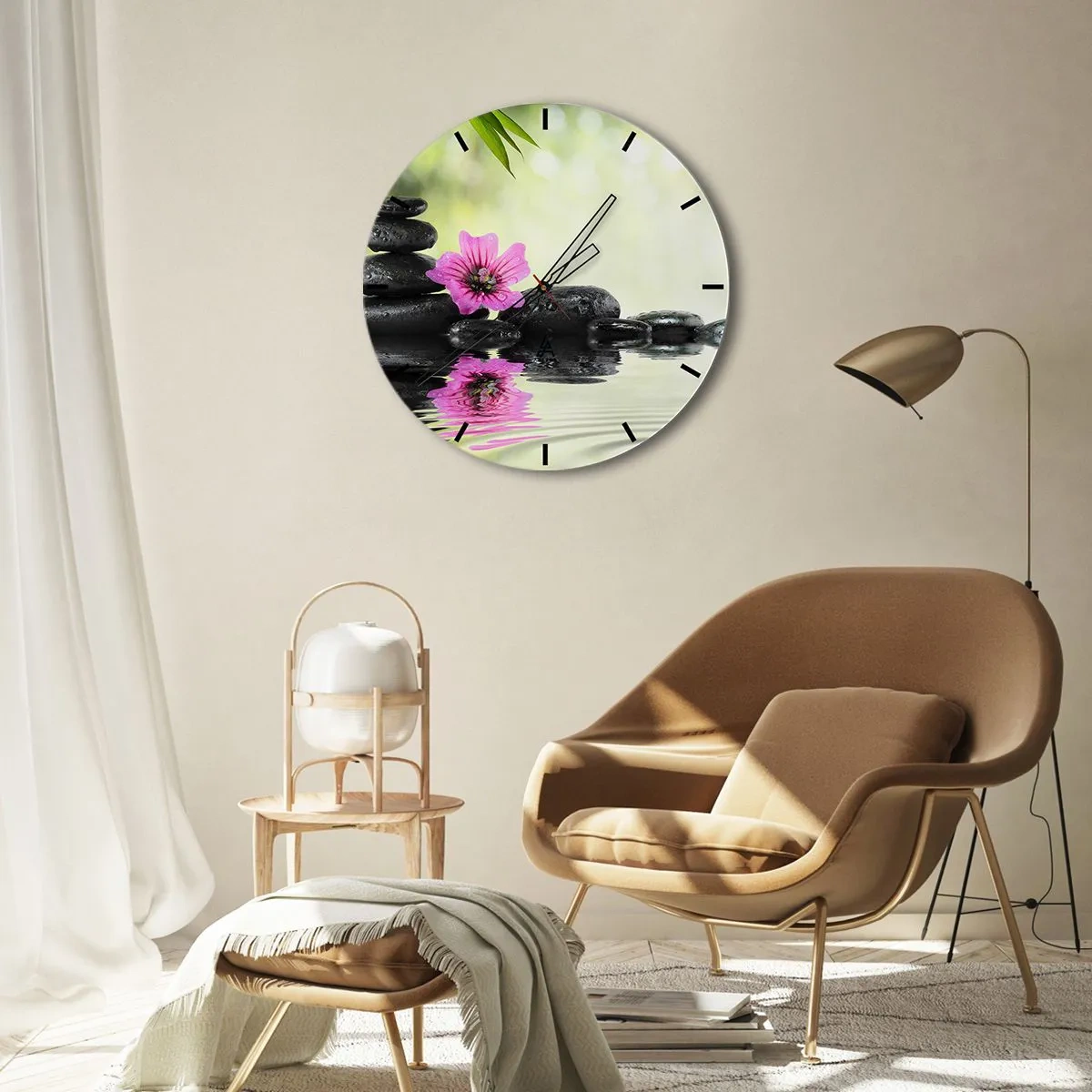Nástěnné hodiny - Zenové kameny s růžovým květem na přírodním pozadí - 30x30cm - Čas pro duši - Moderní nástěnná dekorace do obývacího pokoje, kuchyně a ložnice ARTTOR