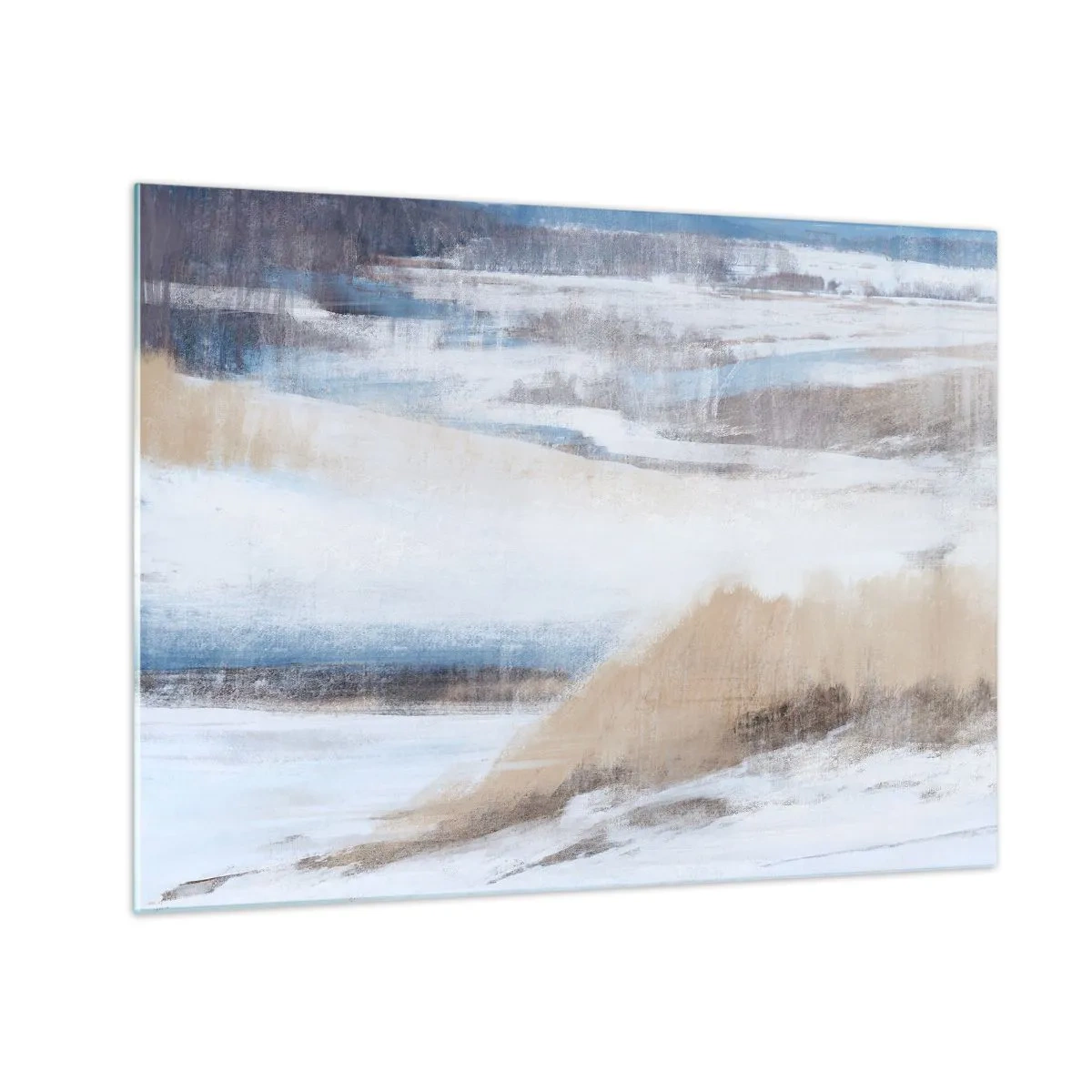 Obraz na skle - Jemná abstrakce v chladných béžových a modrých tónech. - 70x50cm - Zimní kompozice - Moderní nástěnná dekorace do obývacího pokoje a ložnice ARTTOR
