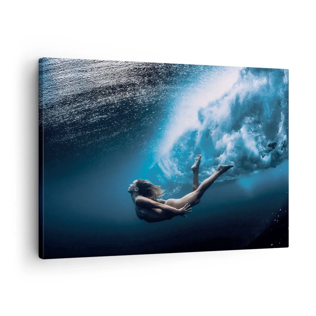 Obraz na plátně - Podvodní snímek ženy a vzduchových bublin - 70x50cm - Současná mořská panna - Moderní nástěnná dekorace do obývacího pokoje a ložnice ARTTOR