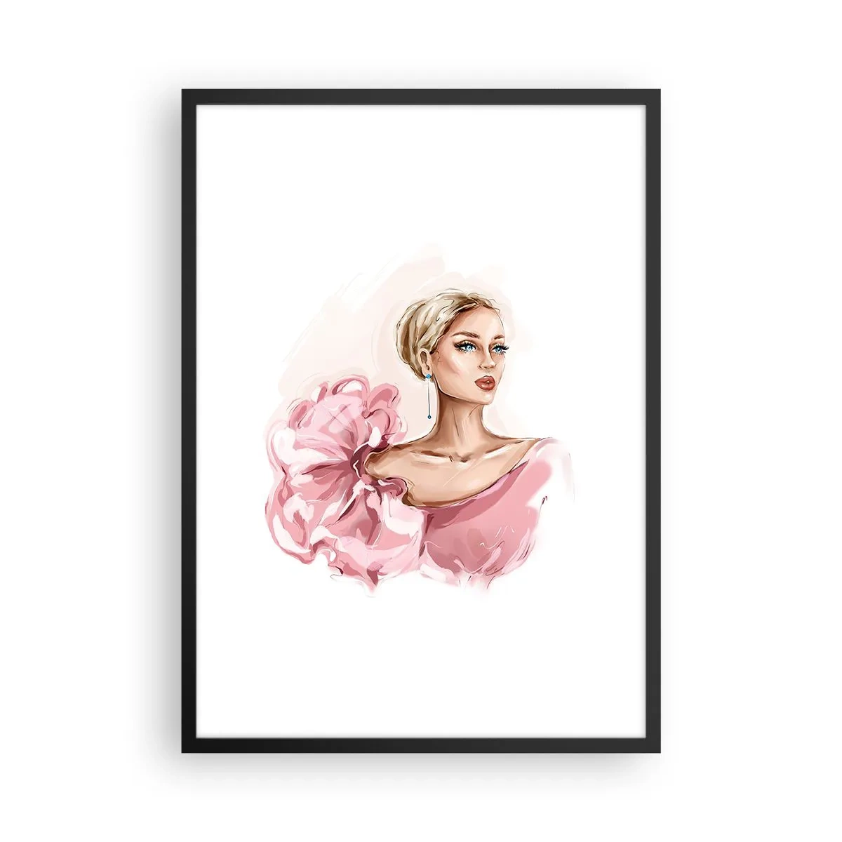 Plakát v černém rámu - Elegantní žena v růžových šatech - 50x70cm - Jako malovaná… - Moderní nástěnná dekorace do obývacího pokoje a ložnice ARTTOR
