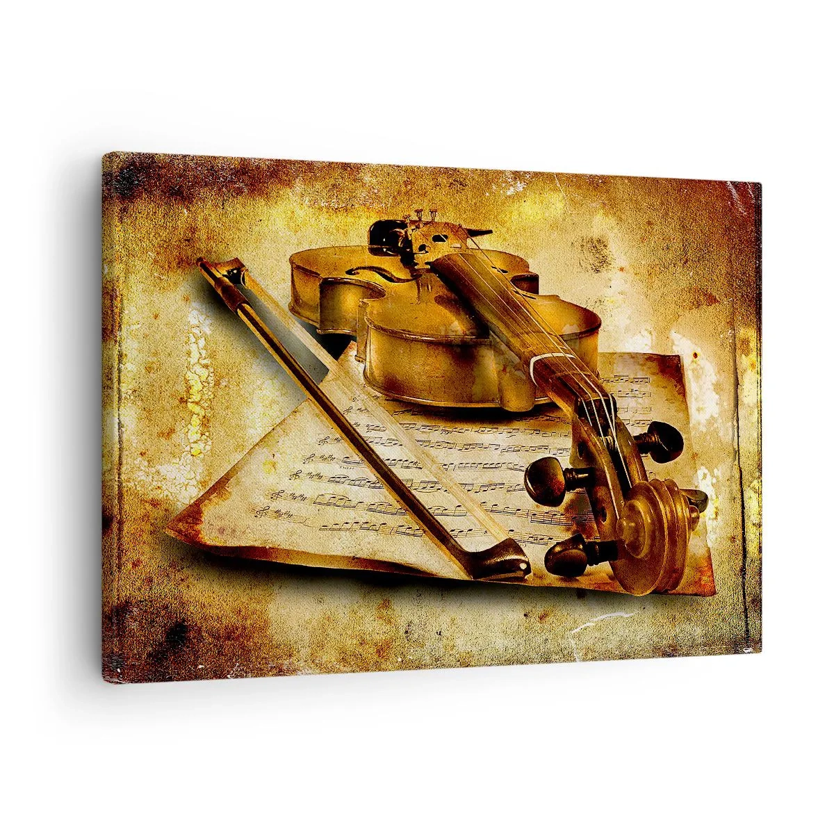 Obraz na plátně - Housle s notovým zápisem na vintage pozadí v teplých tónech - 70x50cm - Okamžitě potřebný virtuóz - Moderní nástěnná dekorace do obývacího pokoje a ložnice ARTTOR