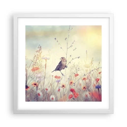 Plakát v bílém rámu - Portrét ptáka s loukou v pozadí - 40x40 cm