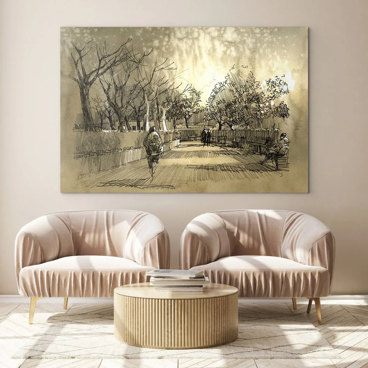 Obraz na skle - Kresba parku s cestami a jdoucími lidmi - 70x50cm - Pírkem zastavený okamžik - Moderní nástěnná dekorace do obývacího pokoje a ložnice ARTTOR