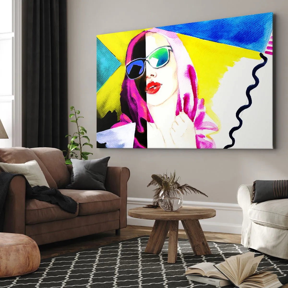 Obraz na plátně - Barevný portrét ženy se slunečními brýlemi - 70x50cm - Nejsem bílá a nejsem černá - Moderní nástěnná dekorace do obývacího pokoje a ložnice ARTTOR