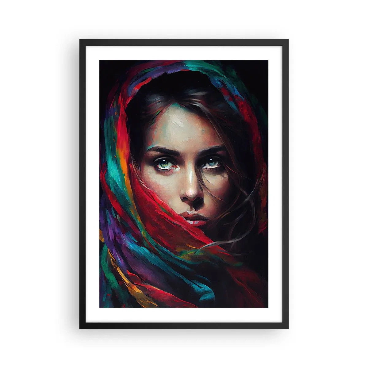 Plakát v černém rámu - Portrét ženy v barevném šátku - 50x70cm - Zelenooké tajemství - Moderní nástěnná dekorace do obývacího pokoje a ložnice ARTTOR