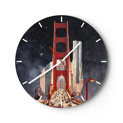 Nástěnné hodiny - Městský most ve světle pouličních lamp na pozadí hvězdné oblohy - 30x30cm - Vždy uprostřed - Moderní nástěnná dekorace do obývacího pokoje, kuchyně a ložnice ARTTOR