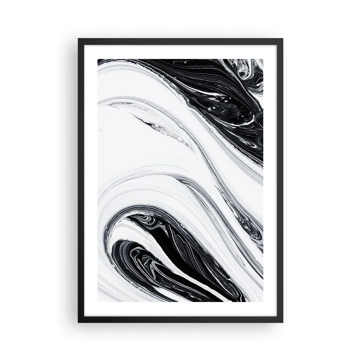 Plakát v černém rámu - Abstraktní vzor v černé a bílé s plynulými liniemi - 50x70cm - Spojení protikladů - Moderní nástěnná dekorace do obývacího pokoje a ložnice ARTTOR