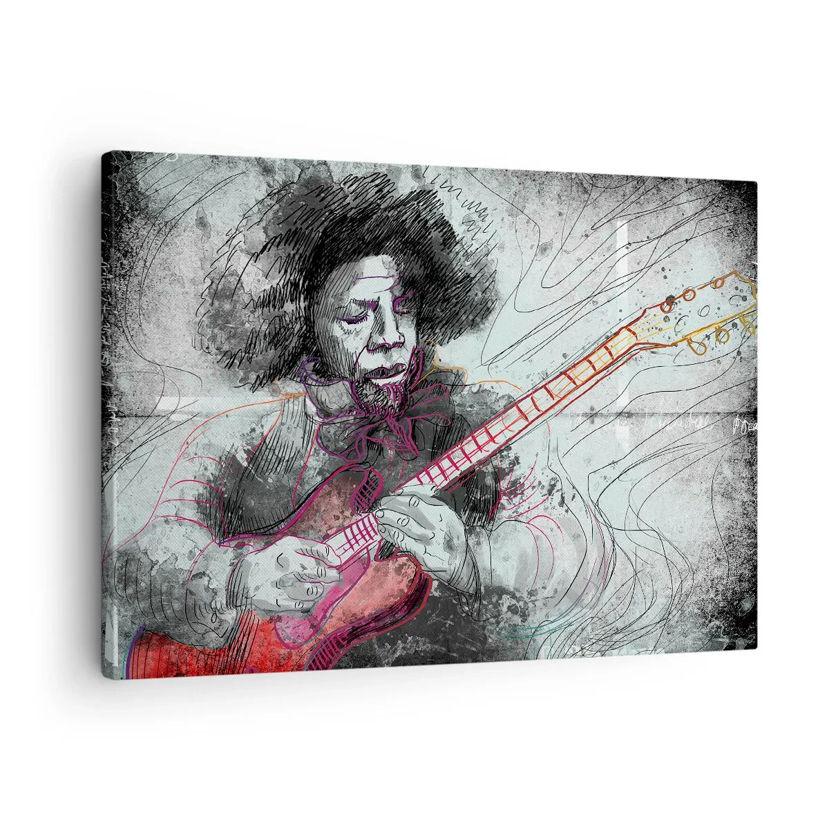 Obraz na plátně - Umělecký portrét kytaristy v technice skici - 70x50cm - Na vlnách hudby - Moderní nástěnná dekorace do obývacího pokoje a ložnice ARTTOR