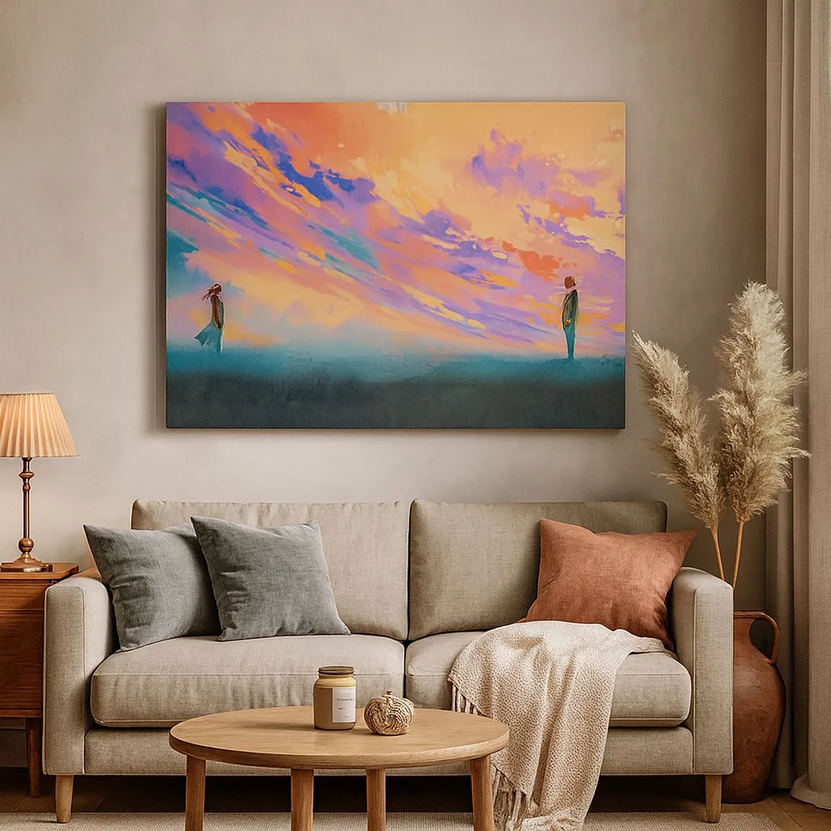 Obraz na plátně - Dynamická scéna s postavami na pozadí barevné oblohy při západu slunce - 70x50cm - Síla přitažlivosti - Moderní nástěnná dekorace do obývacího pokoje a ložnice ARTTOR