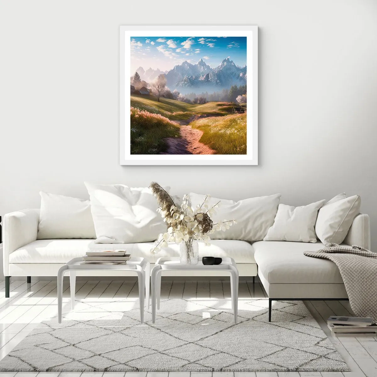 Plakát v bílém rámu - Idylické údolí - 50x50 cm