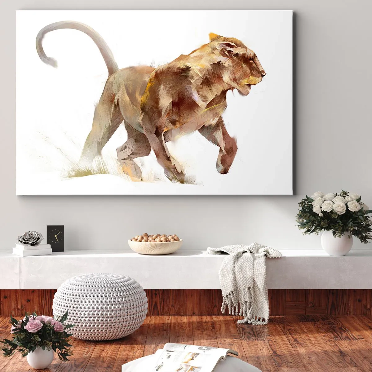 Obraz na plátně - Běžící lvice v umělecké interpretaci - 70x50cm - Divoká elegance - Moderní nástěnná dekorace do obývacího pokoje a ložnice ARTTOR