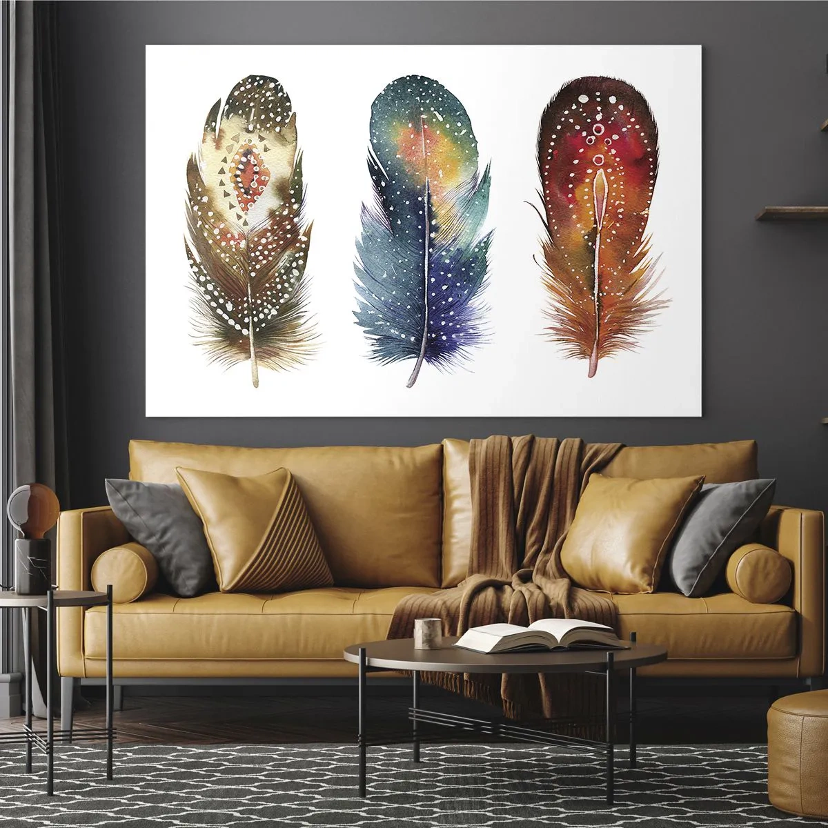 Obraz na skle - Tři barevná peří s etnickými vzory - 70x50cm - Rituály, obřady, tajemství - Moderní nástěnná dekorace do obývacího pokoje a ložnice ARTTOR