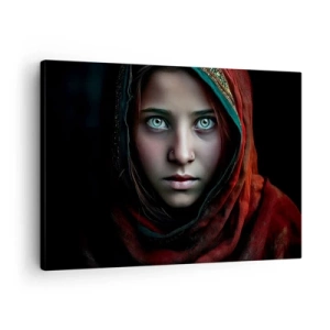 Obraz na plátně - Portrét ženy s intenzivním pohledem v teplých barvách - 70x50cm - Východní princezna - Moderní nástěnná dekorace do obývacího pokoje a ložnice ARTTOR