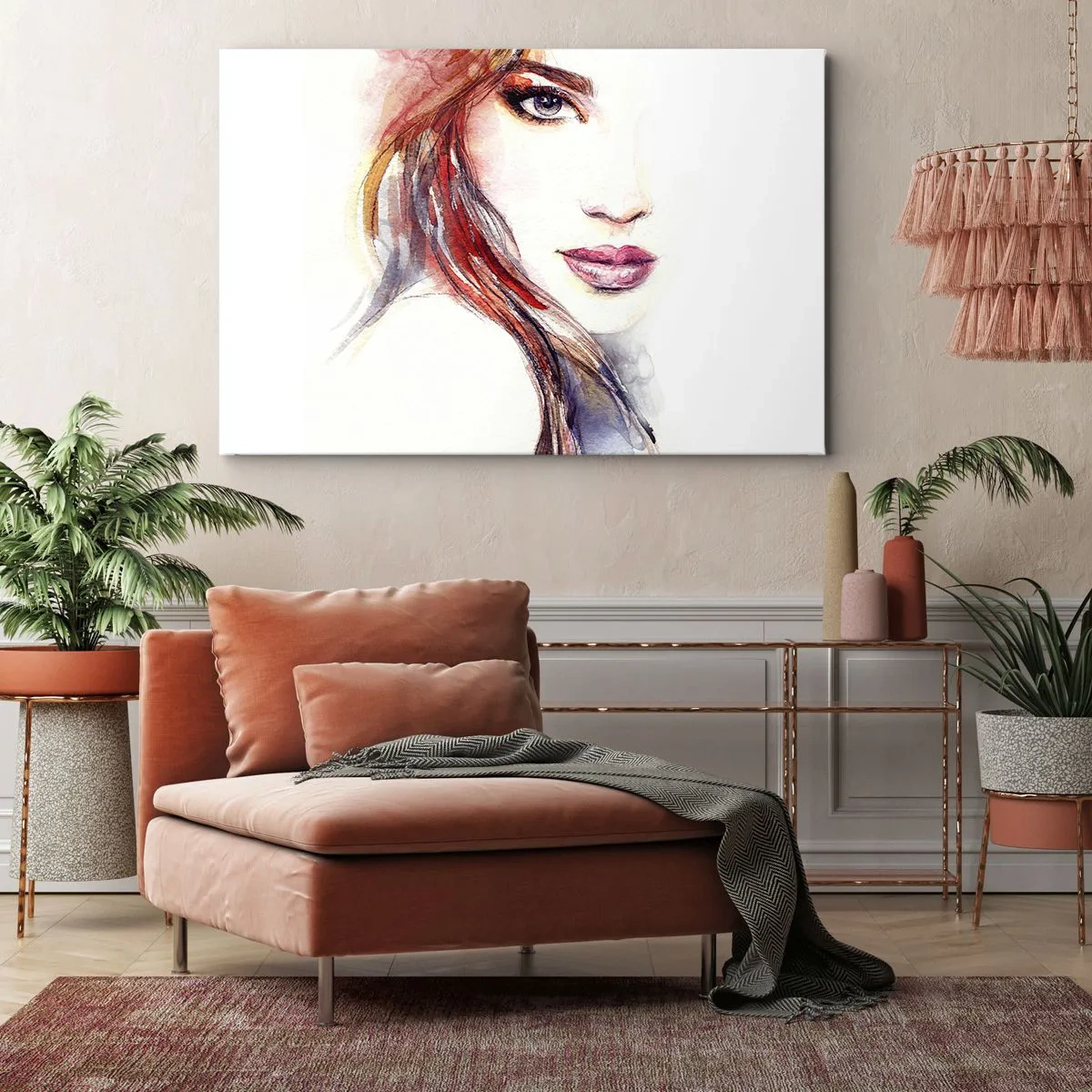 Obraz na plátně - Jemný akvarel ženské tváře s výrazným pohledem. - 70x50cm - Vademecum - pojď se mnou - Moderní nástěnná dekorace do obývacího pokoje a ložnice ARTTOR