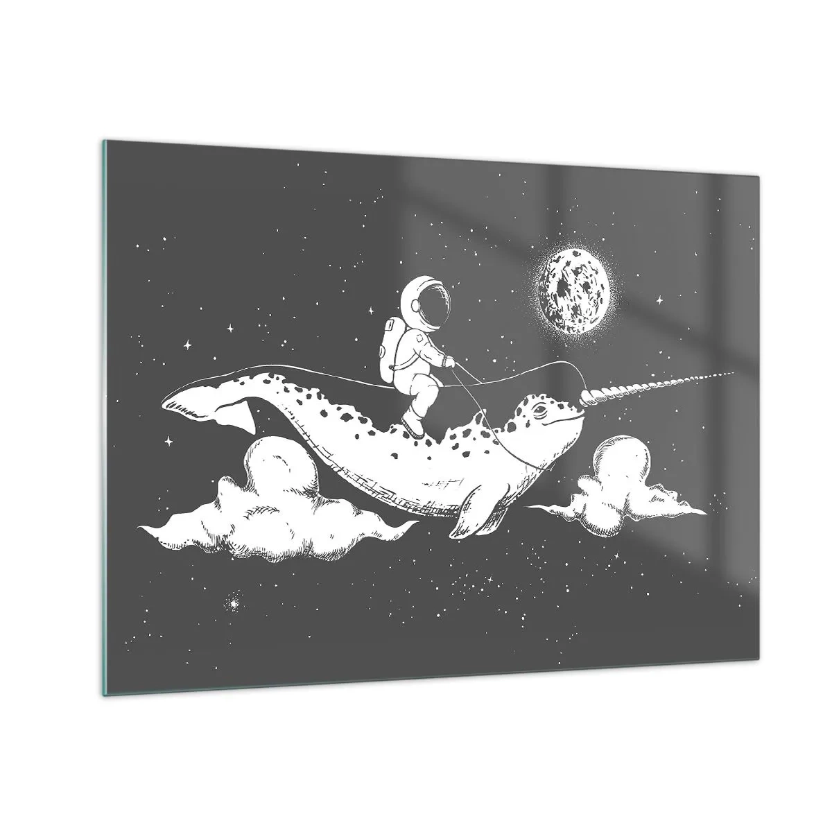 Obraz na skle - Astronaut jedoucí na narvalovi ve vesmírném prostředí - 70x50cm - Vesmírný jezdec - Moderní nástěnná dekorace do obývacího pokoje a ložnice ARTTOR